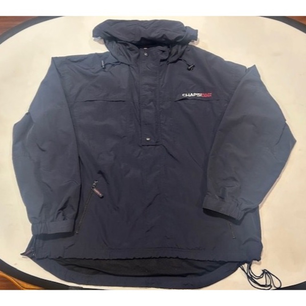 CHAPS Ralph Lauren Mens Windbreaker Pullover Nylon Hooded Navy Blue Vintage - XL